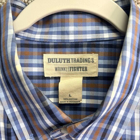 Duluth Trading Co Shirt Mens Large WrinkleFighter Blue Plaid Relaxed Button Down - Picture 2 of 5